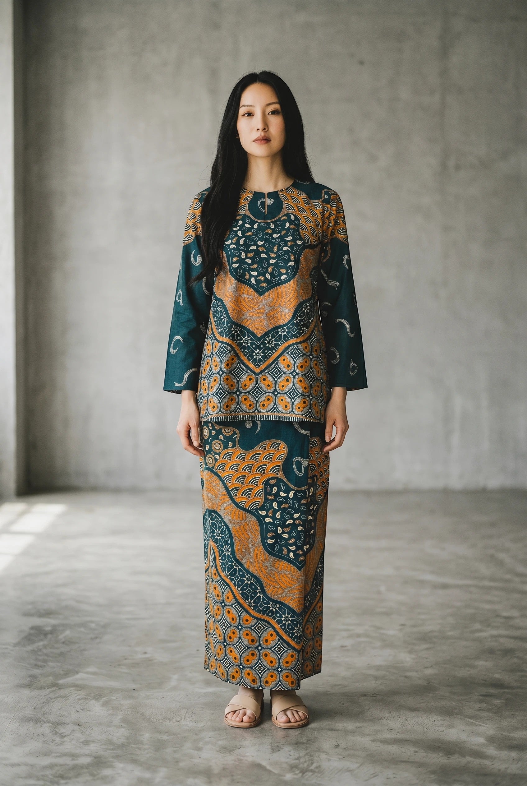 PARCA Mustika in green featuring a traditional batik print long-sleeve top and matching skirt on a model.