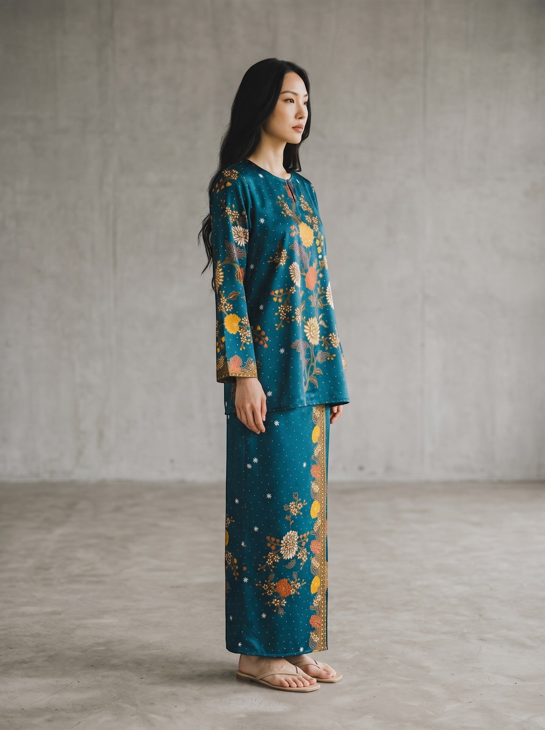 PARCA Nayra flared top in turquoise with floral print, long sleeves, and round neckline, worn by a model.