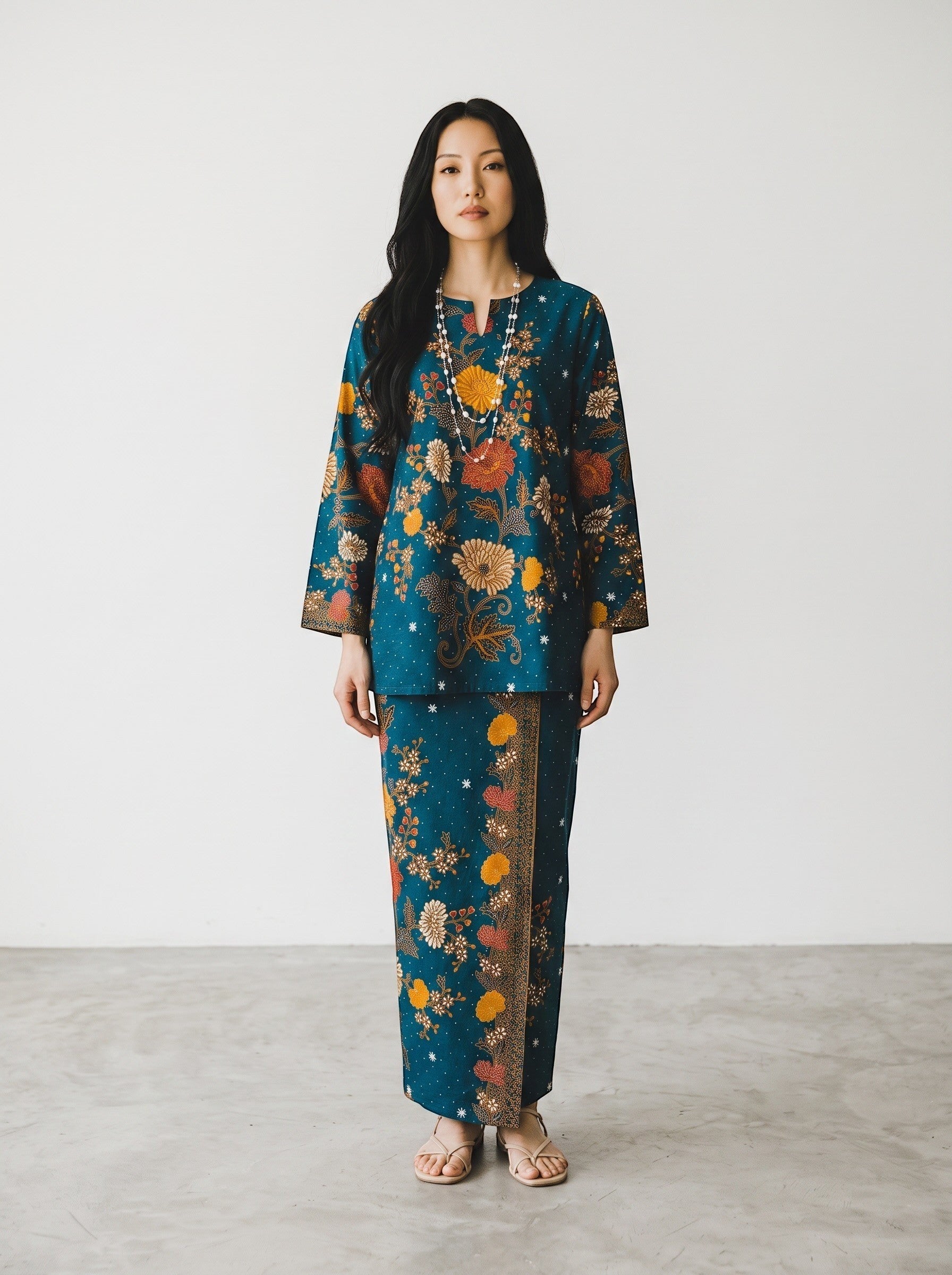 PARCA Nayra turquoise flared top and matching skirt with floral batik print worn by a model