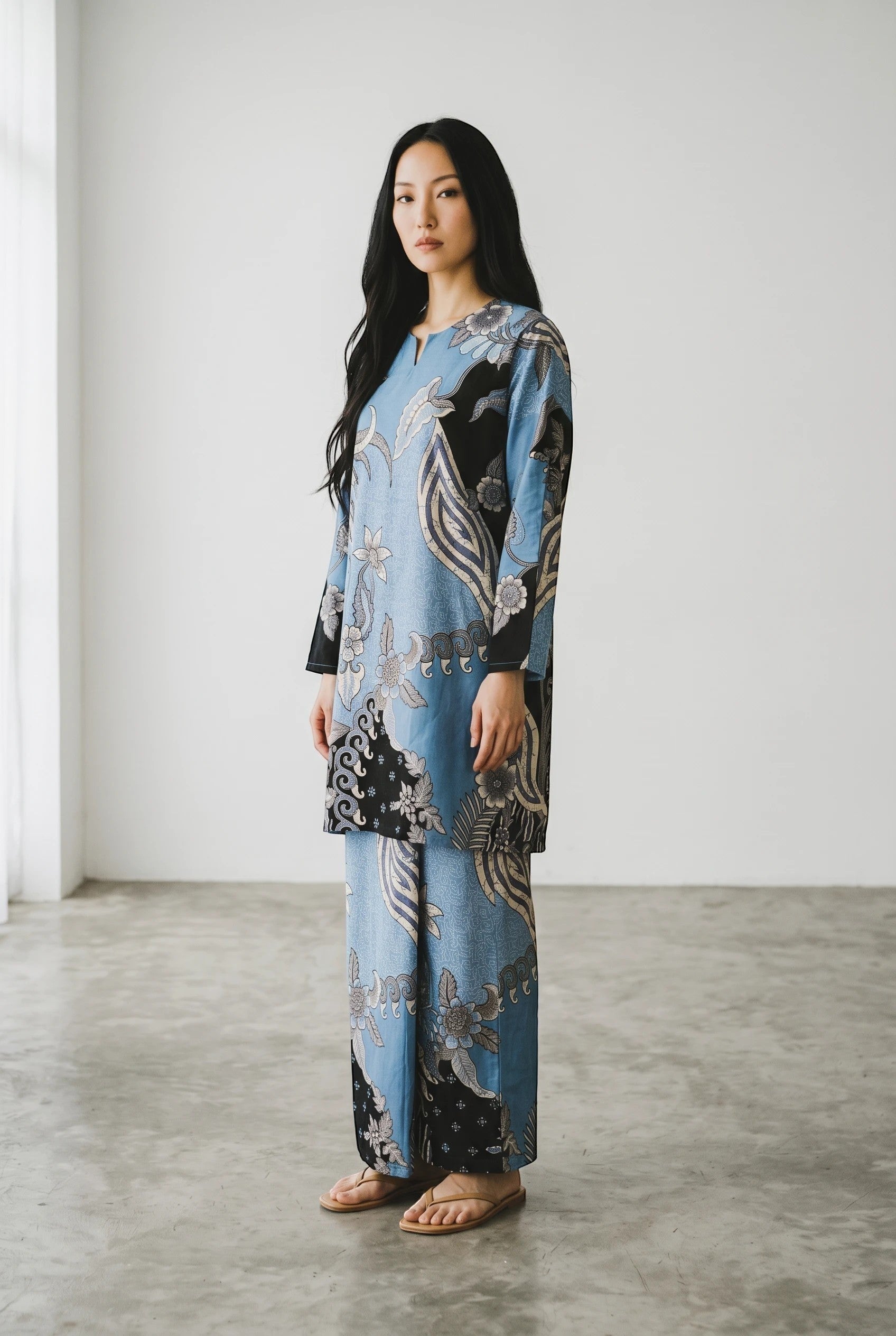 PARCA Nazima in Blue cotton top and matching maxi sarung with traditional floral batik print in blue and black