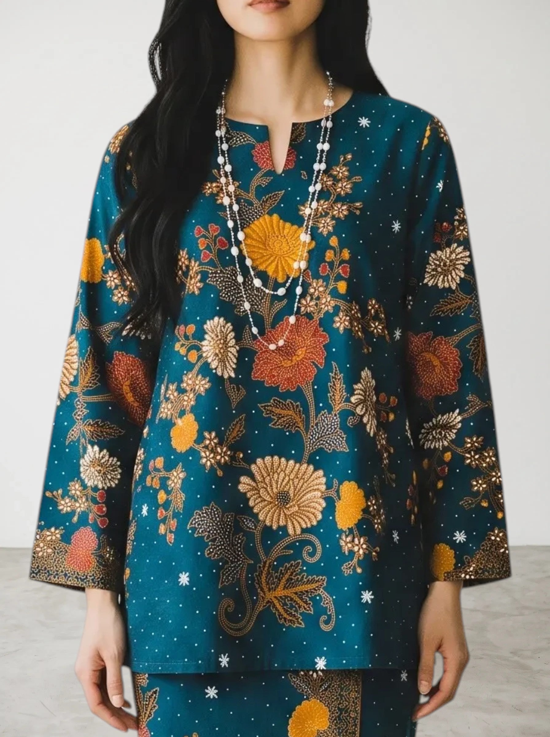PARCA Nayra turquoise cotton set featuring a long-sleeved floral print top and matching maxi sarung skirt.