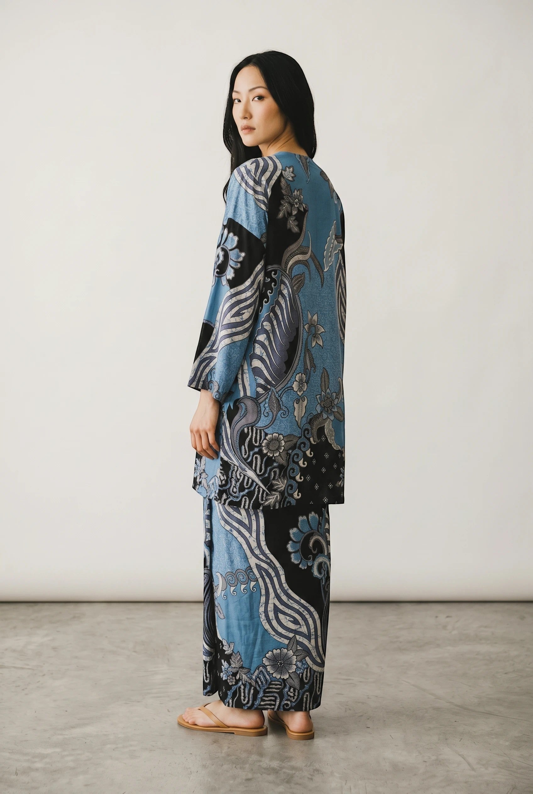 PARCA Nazima blue cotton top and matching maxi sarung with traditional batik-inspired floral print