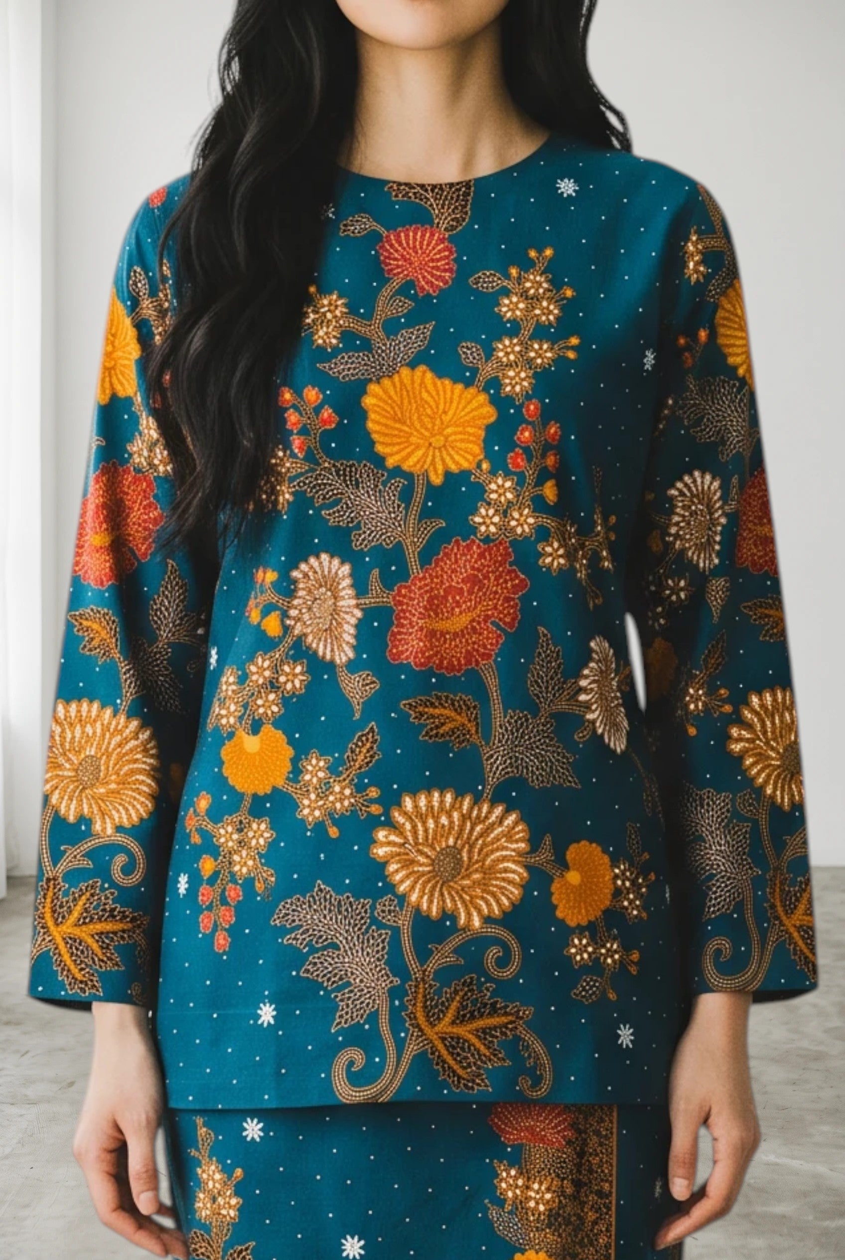 A model wearing a turquoise PARCA cotton set with a floral batik print, featuring a long-sleeved top and maxi sarung.