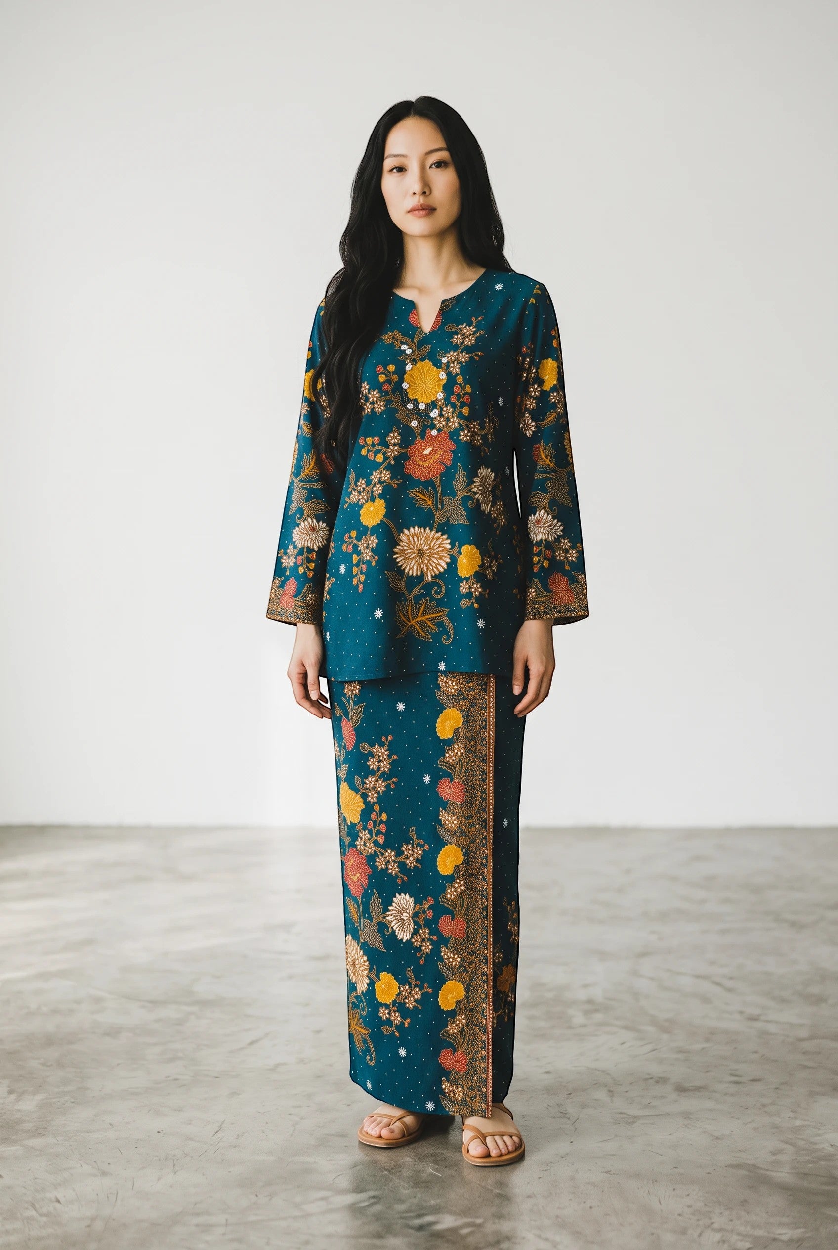A model wearing a turquoise PARCA cotton set featuring a floral batik print, long-sleeved top, and matching sarung.
